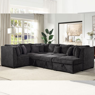 U자형 섹셔널 소파 베드 (풀 아웃 침대 및 수납형 라운지 포함), 블랙 패브릭