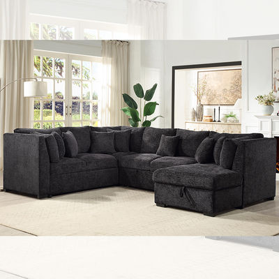 U자형 섹셔널 소파 베드 (풀 아웃 침대 및 수납형 라운지 포함), 블랙 패브릭