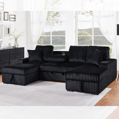 Sectional Sleeper Sofa with Pull-Out Bed and Dropdown Table and Storage Chaise and Storage Ottoman, Black Corduroy Fabric