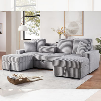 Sectional Sleeper Sofa with Pull-Out Bed and Dropdown Table and Storage Chaise and Storage Ottoman, Gray Corduroy Fabric
