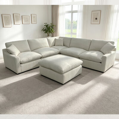 Sectional Modular Sofa with Feather Blend Seat Cushion and Pillows, Light Gray Fabric