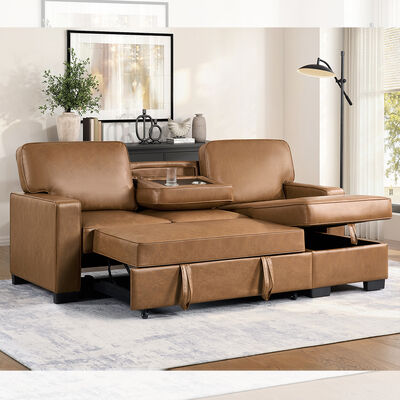 L-Shaped Reversible Sectional Sleeper Sofa with Pull-Out Bed and Dropdown Table and Storage, Brown Faux Leatherette